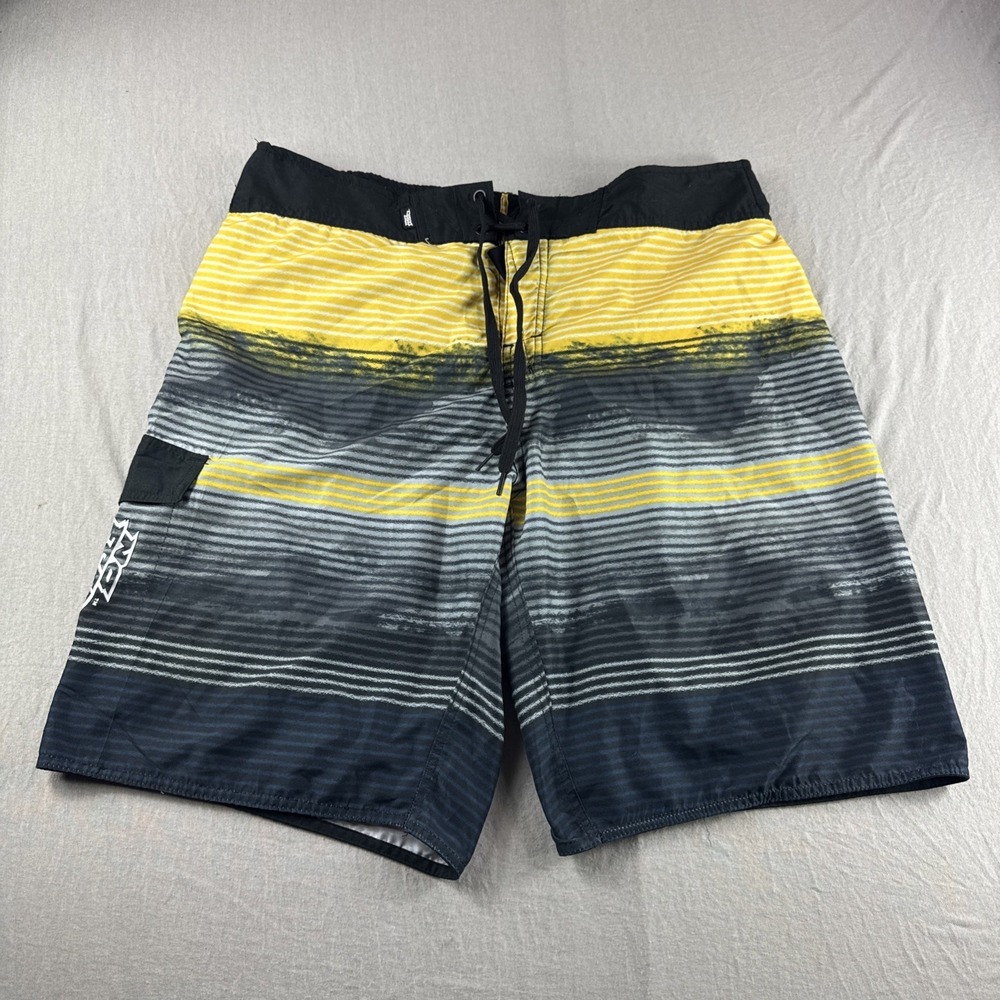 No Fear Board Shorts Mens XL Striped Lined Swim Shorts Drawstring Cargo Pocket